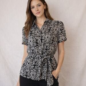 Style & Co. Stylish Belted Blouse Black & Cream - Size 12